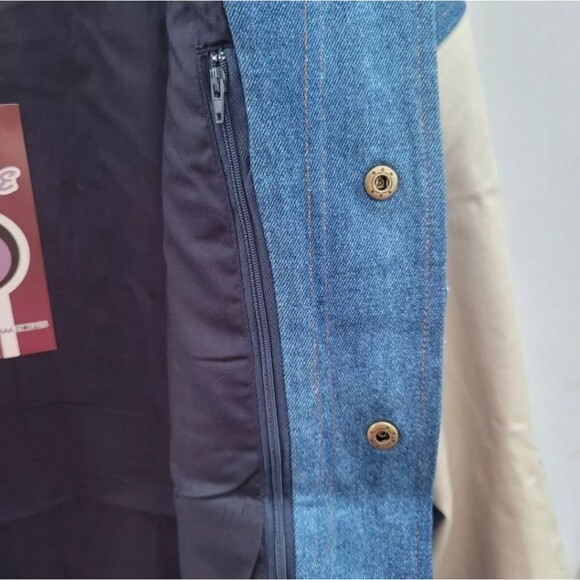 First Choice VTG 1990s Men's Premium Denim Varsity Bomber Jean Jacket Blue NWT - Picture 3 of 16